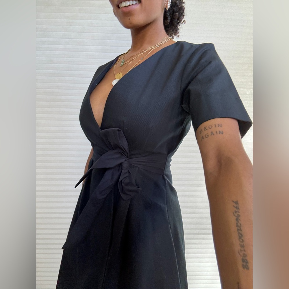 COS Navy Blue Textured Wrap Dress | Short Sleeve Minimalist A-Line - Picture 6 of 16